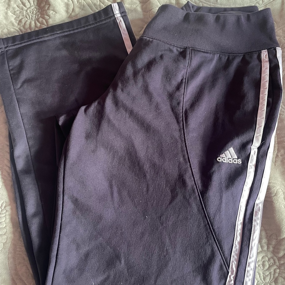 Adidas Joggers. Wide leg, purple with lavender stripes.